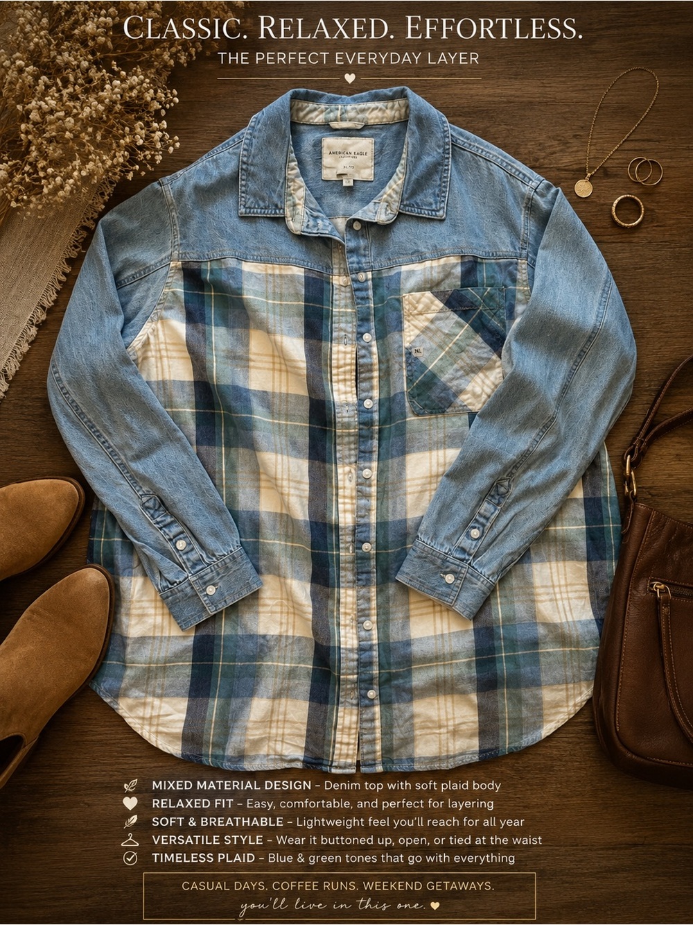 American Eagle Outfitters Blue Denim and Plaid Button-Up Shirt